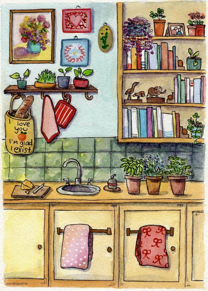 Illustrated kitchen scene featuring DIY decor, potted plants, and wall art.