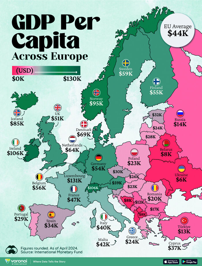 Map data showing GDP per capita across Europe with curiosity-interesting-map-data highlighting economic differences.