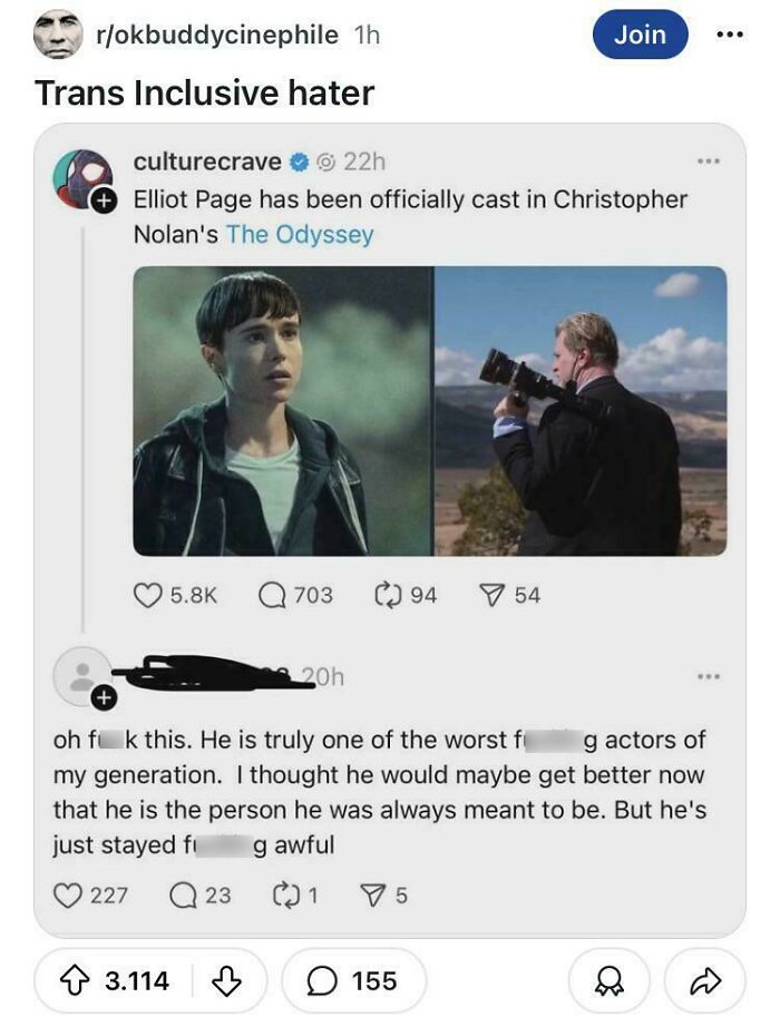 Reddit post showing a controversial comment about actor Elliot Page, illustrating unique sentences only they could have come up with.