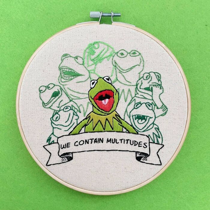 Embroidery hoop displaying a colorful DIY project featuring a frog with expressions and text "We Contain Multitudes."