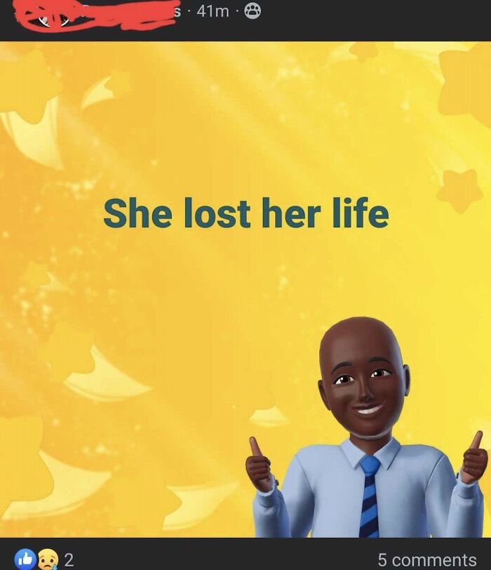 Social media post with a cheerful avatar, text reads "She lost her life," highlighting Boomers' social media fails.