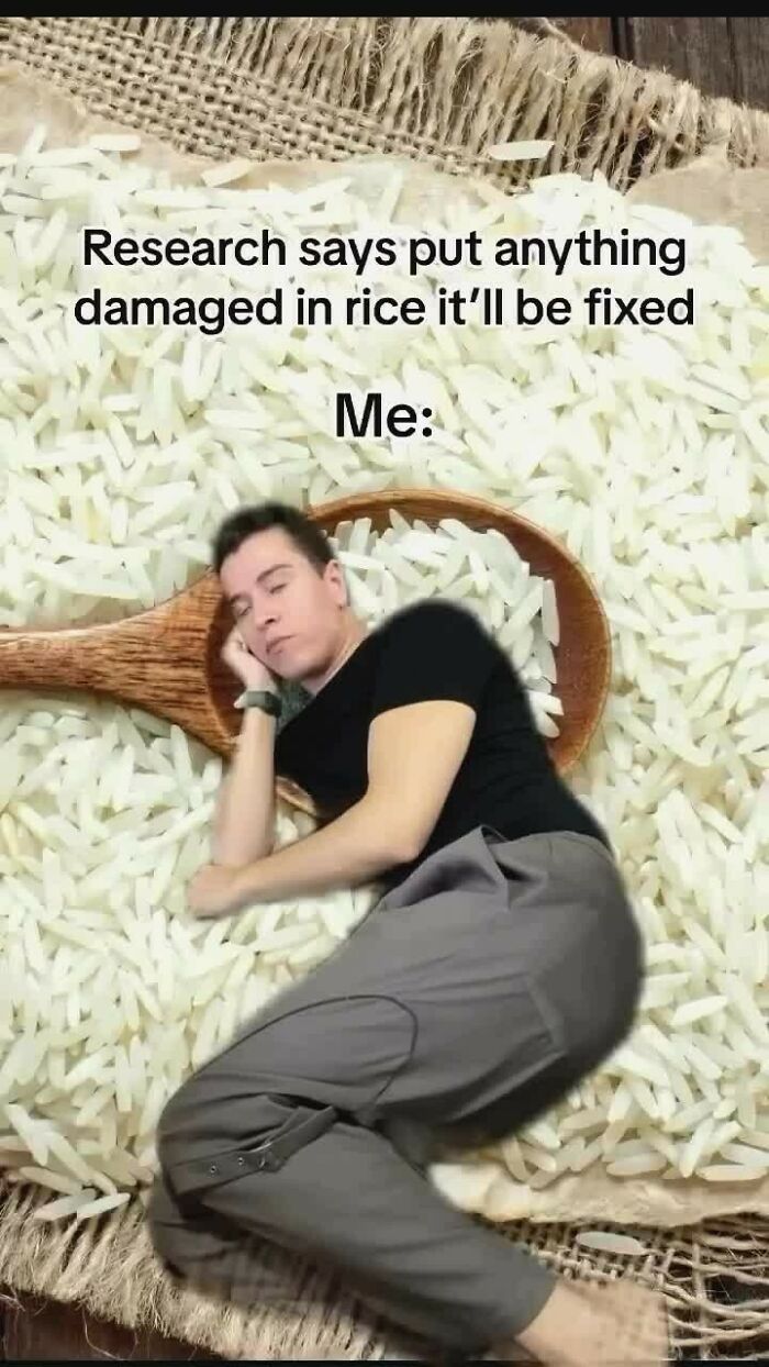 Person lying on a giant wooden spoon filled with rice, illustrating humor as a coping mechanism in a funny meme.