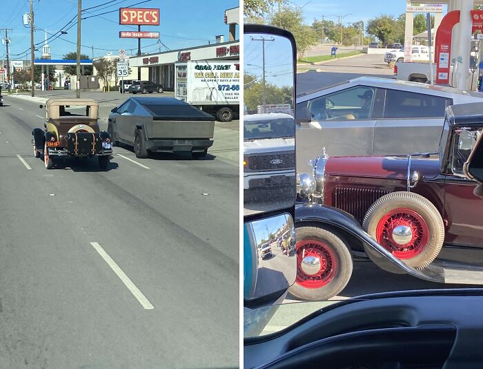 Vintage cars juxtaposed with a modern car on a city street.