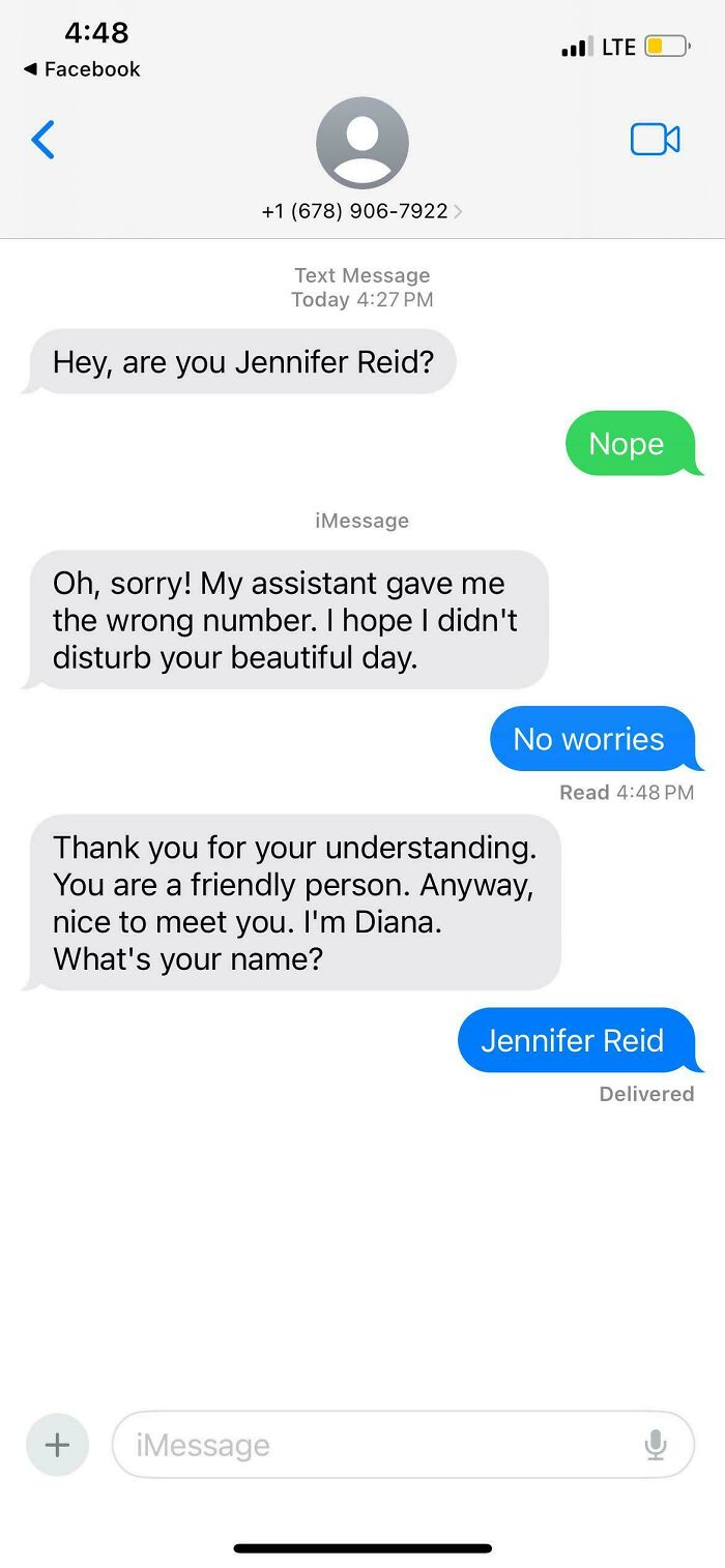 Text exchanges illustrating funny-scammer-responses with mistaken identity and humorous reply.