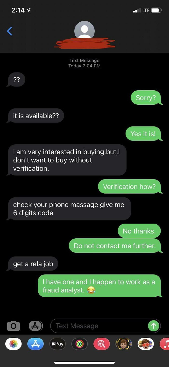 Text conversation with funny-scammer-responses about buying and verification. Fraud analyst replies humorously to scammer.