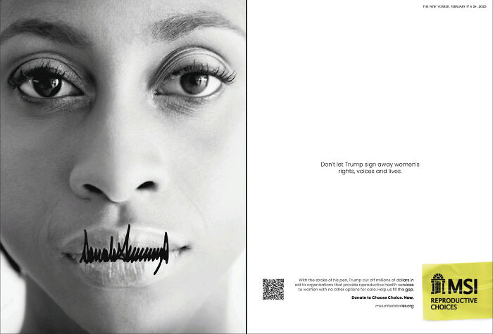 Close-up of a woman with a design of a pen signature over her mouth highlighting smart and cool reproductive rights awareness.