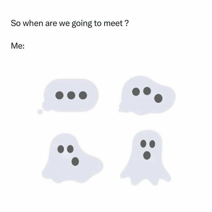 Text post showing ghost emojis progressively reacting to the question about when to meet, humorous coping mechanism content.
