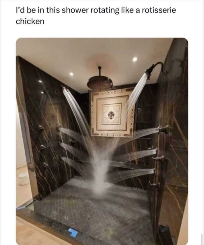 Modern shower with multiple water jets spraying from walls and ceiling, illustrating unique sentences people said.