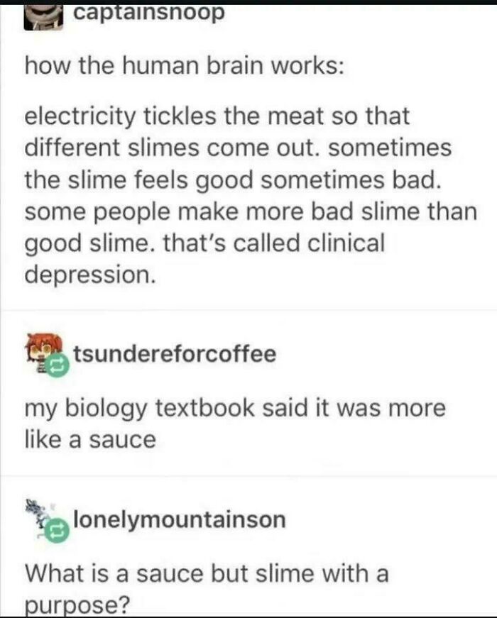 Funny social media post with unique sentences about the human brain, slime, and depression from personal perspectives.