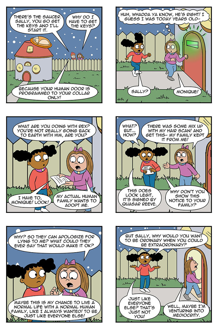 Comic strip depicting aliens adopting humans as pets, showing a conversation about returning to Earth and being part of a family. Comic strip depicting aliens adopting humans as pets, showing a conversation about returning to Earth and being part of a family.