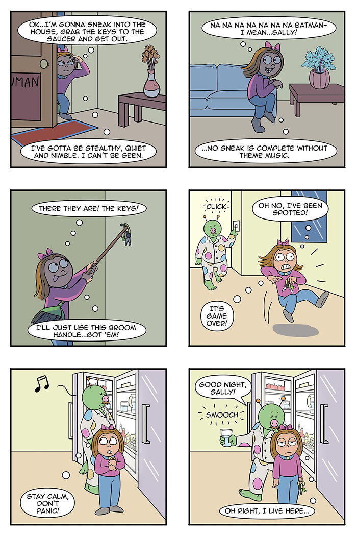 Comic strip depicting aliens adopting humans as pets, with a girl sneaking for keys but getting caught by an alien. Comic strip depicting aliens adopting humans as pets, with a girl sneaking for keys but getting caught by an alien.