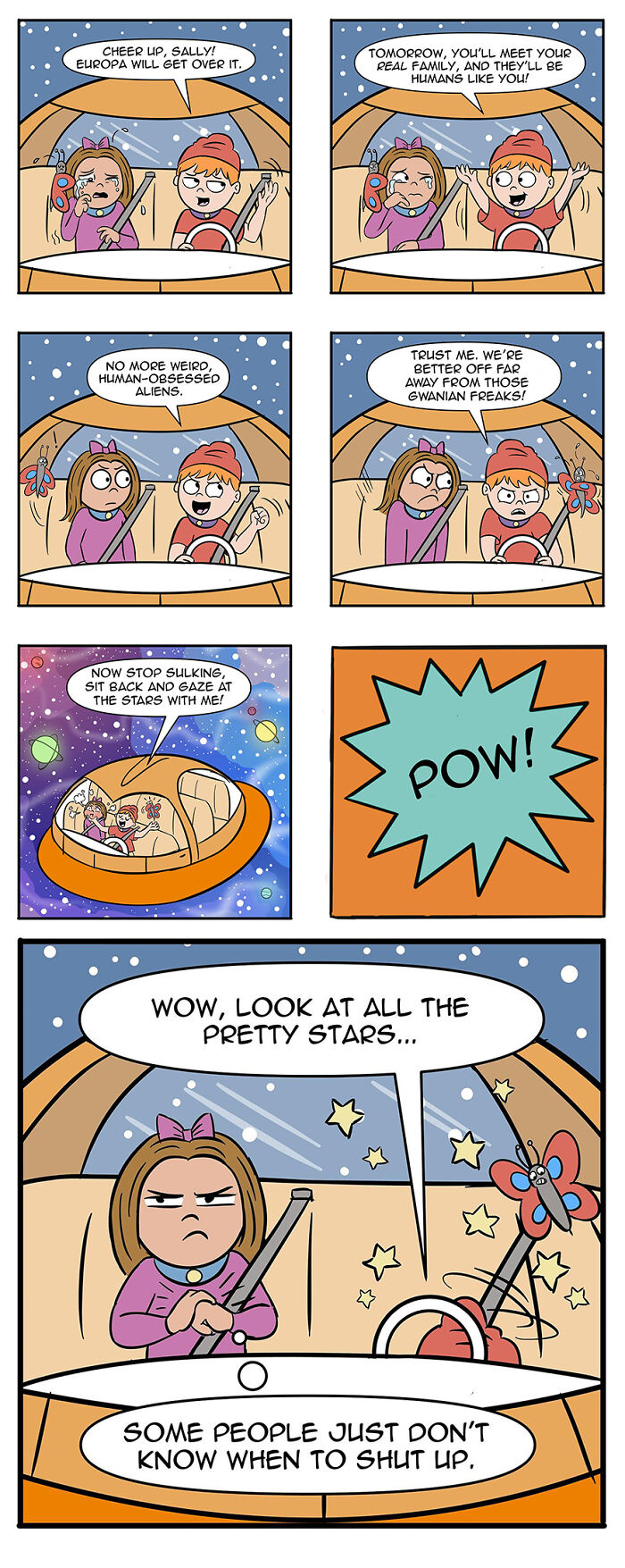 Comic shows aliens discussing humans as pets; includes space travel and humorous dialogue. Comic shows aliens discussing humans as pets; includes space travel and humorous dialogue.