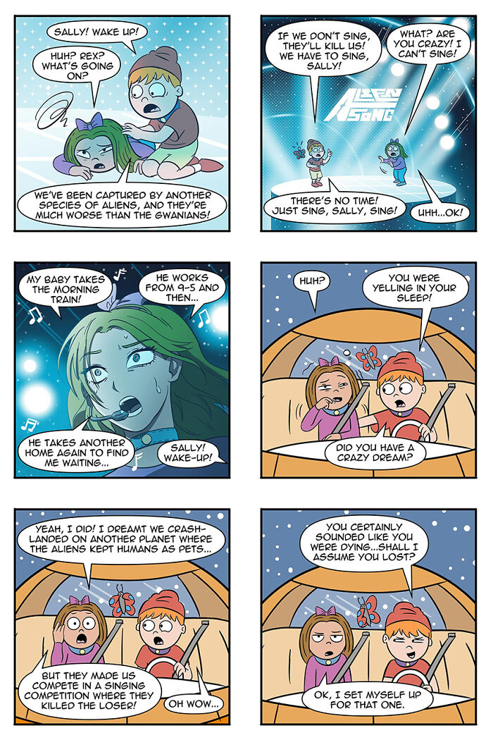 Comic strip of aliens adopting humans as pets, featuring a dream sequence where kids are forced to sing to survive. Comic strip of aliens adopting humans as pets, featuring a dream sequence where kids are forced to sing to survive.