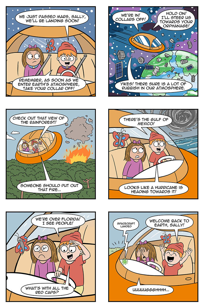 Comic panel featuring aliens adopting humans, depicting humorous space adventure and landing on Earth. Comic panel featuring aliens adopting humans, depicting humorous space adventure and landing on Earth.