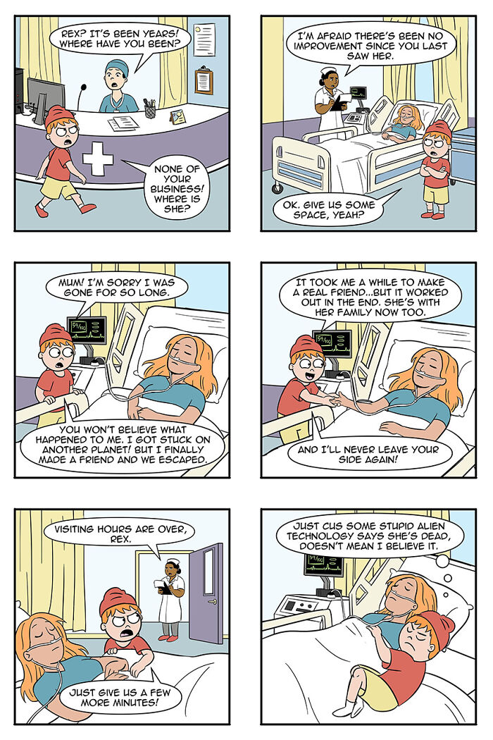 Comic strip depicting aliens adopting humans as pets; young boy reunites with his mom in a hospital. Comic strip depicting aliens adopting humans as pets; young boy reunites with his mom in a hospital.