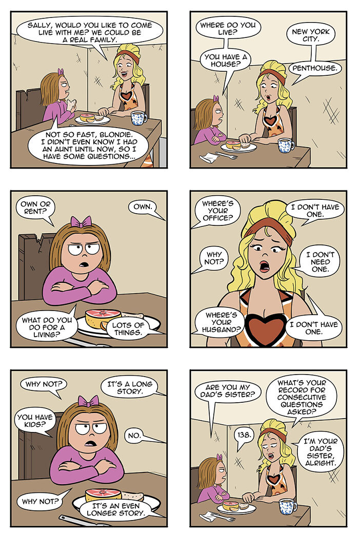 Comic strip featuring a humorous conversation about family and relationships, part of the "aliens adopt humans as pets" theme. Comic strip featuring a humorous conversation about family and relationships, part of the "aliens adopt humans as pets" theme.