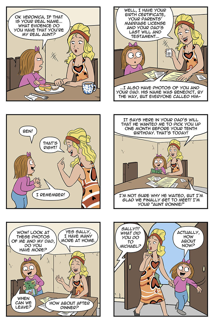 Comic strip featuring a girl and a woman discussing family history, highlighting a premise where aliens adopt humans as pets. Comic strip featuring a girl and a woman discussing family history, highlighting a premise where aliens adopt humans as pets.