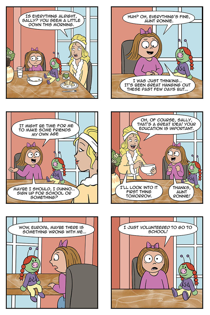Comic strip with a girl and alien discussing life as pets, highlighting a humorous take on aliens adopting humans. Comic strip with a girl and alien discussing life as pets, highlighting a humorous take on aliens adopting humans.