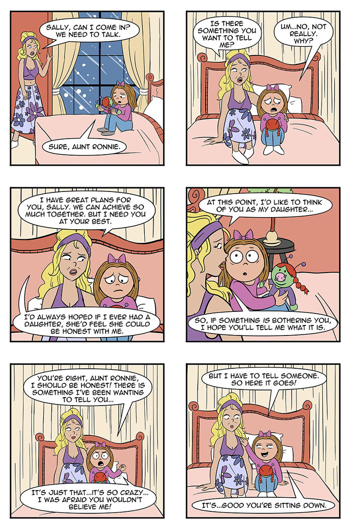 Comic strip where aliens adopt humans as pets, featuring a conversation between a girl and her aunt in a bedroom setting. Comic strip where aliens adopt humans as pets, featuring a conversation between a girl and her aunt in a bedroom setting.