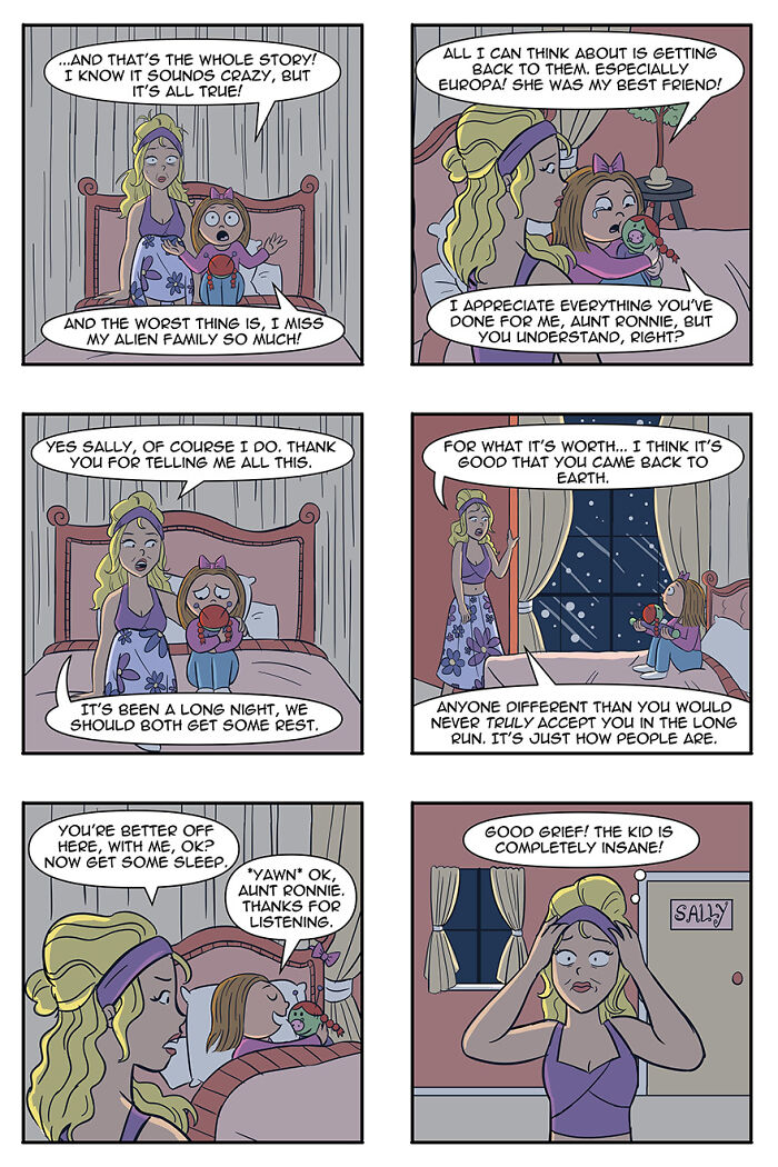 Comic strip explores aliens adopting humans as pets, featuring a girl sharing stories with her aunt in a bedroom setting. Comic strip explores aliens adopting humans as pets, featuring a girl sharing stories with her aunt in a bedroom setting.