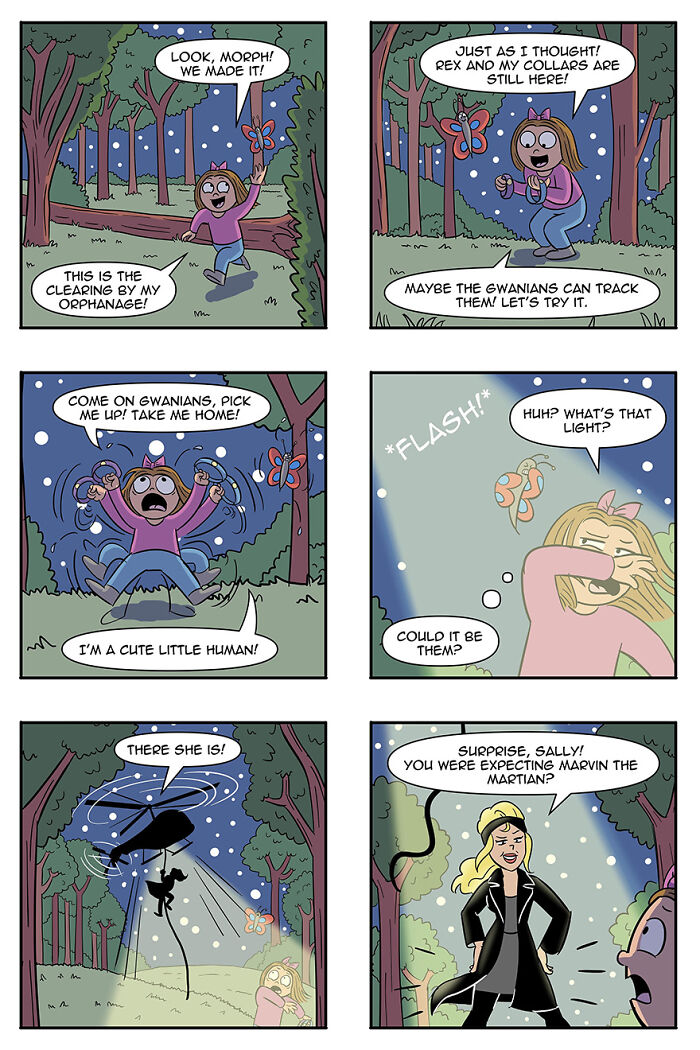 Comic strip depicting aliens adopting humans as pets in a forest scene. Comic strip depicting aliens adopting humans as pets in a forest scene.