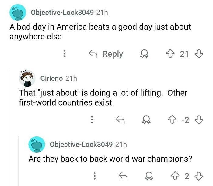 Screenshot of a humorous online discussion featuring Americans confidently posting some of the dumbest things.