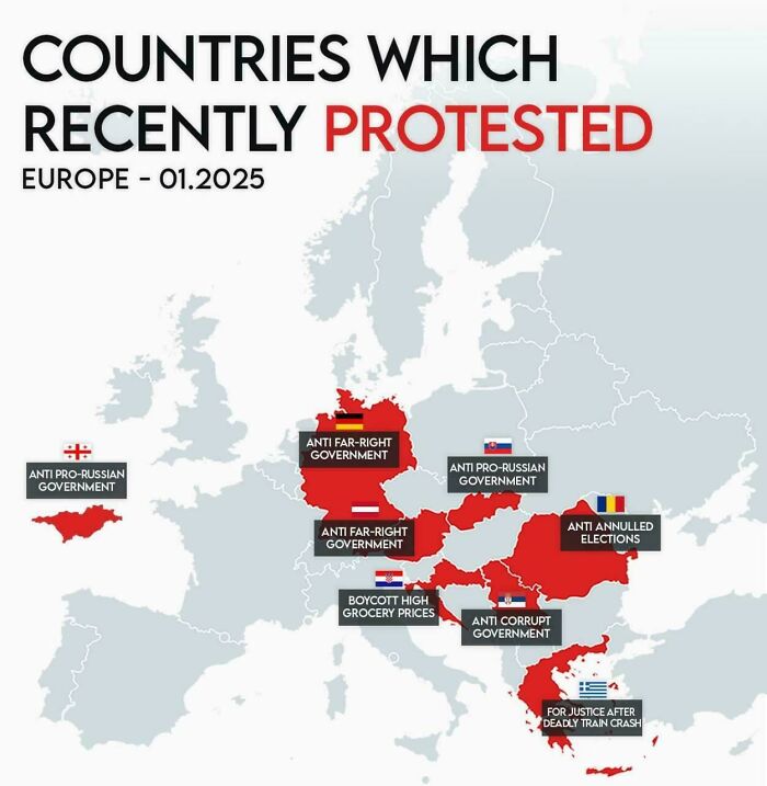 Map showing curiosity about recent protests in European countries with data on protest reasons in January 2025.