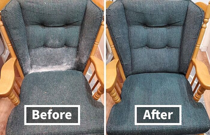 Before-and-after photos of a cleaned chair cushion, showing dust removal and restoration.