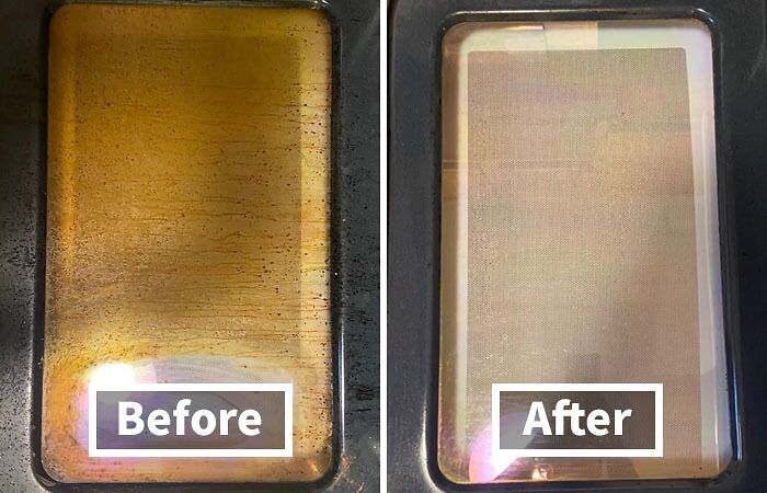 Before-and-after images of a cleaned oven door, highlighting dramatic transformation.