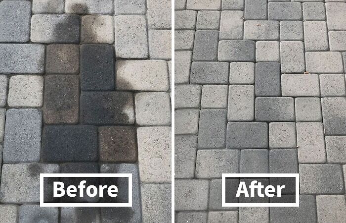 Before and after photo showing cleaned stone pavement, illustrating a transformation in appearance.