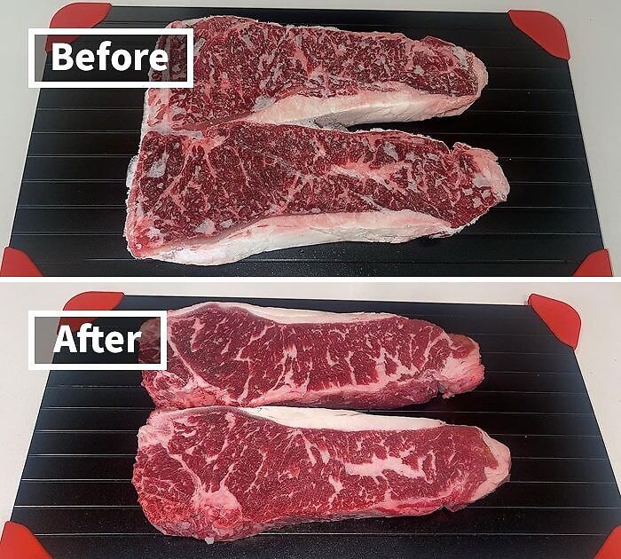 Before-and-after comparison of raw steaks on a tray showcasing marbling and preparation differences.