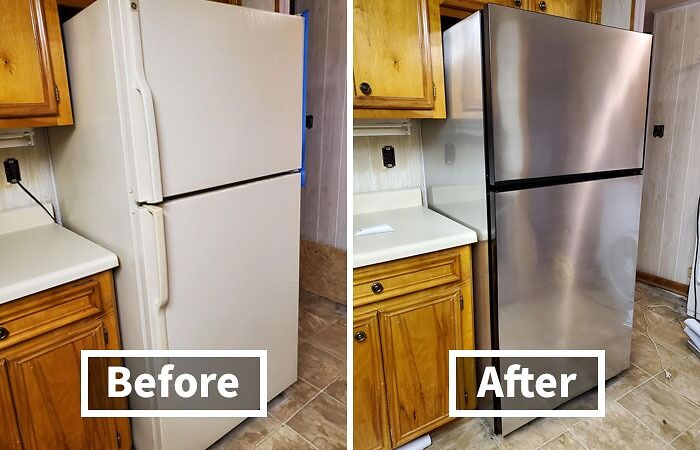 Before-and-after refrigerator transformation showing a white fridge turned into a sleek stainless steel finish.