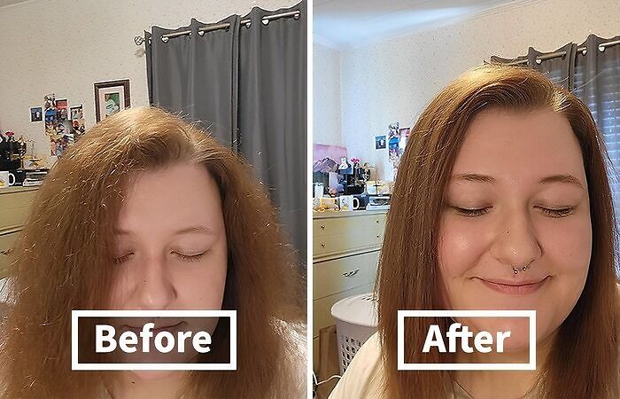 Before-and-after hair transformation showing smoother, straighter hair on the right.