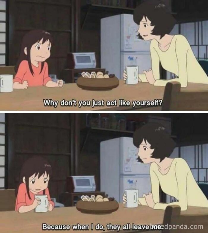 Anime characters at a table, discussing being themselves in a humorous internet meme scene.