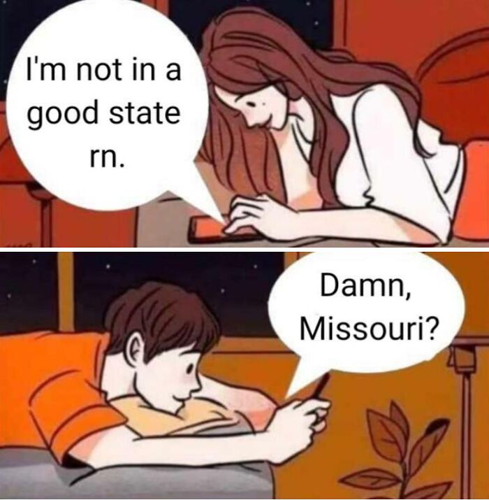 Cartoon meme of a couple texting, joking about Missouri being a good state.