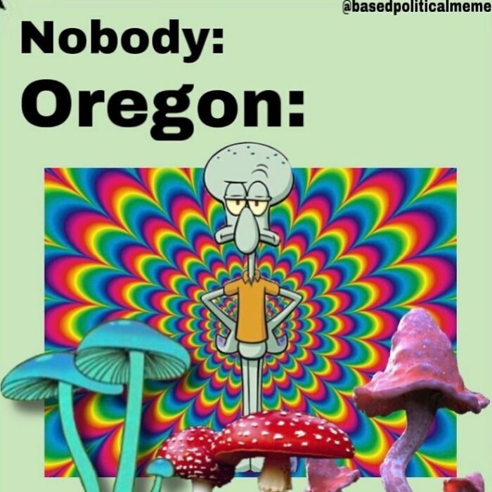Squidward in a psychedelic background with colorful mushrooms; humorously representing Oregon in a meme.