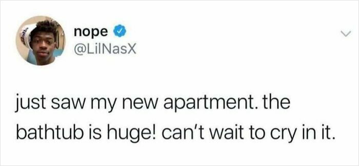 Tweet joking about a huge bathtub, expressing excitement to cry in it; funny and random meme.