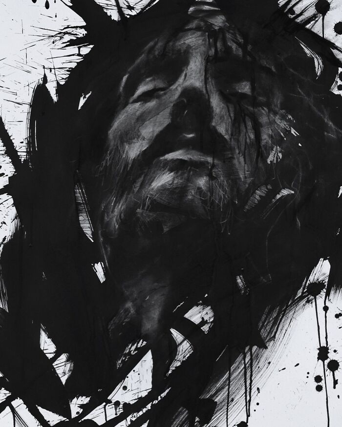 Charcoal portrait by Josh Hernandez featuring an expressive close-up of a face with abstract strokes.