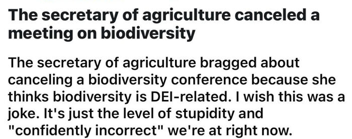 Text post about the secretary of agriculture canceling a biodiversity meeting, showing a confidently incorrect claim.