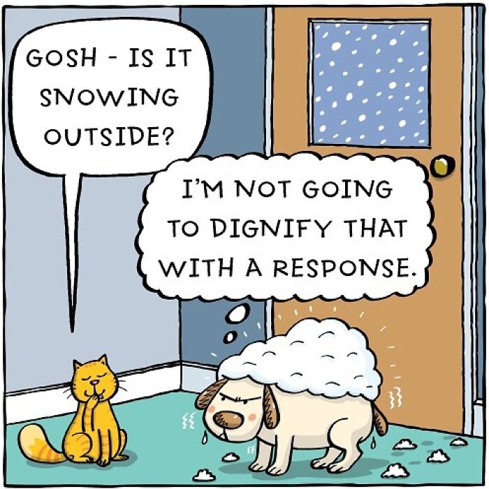 Dog and cat in a humorous comic about snow, illustrating a dog's life in adorable artwork.