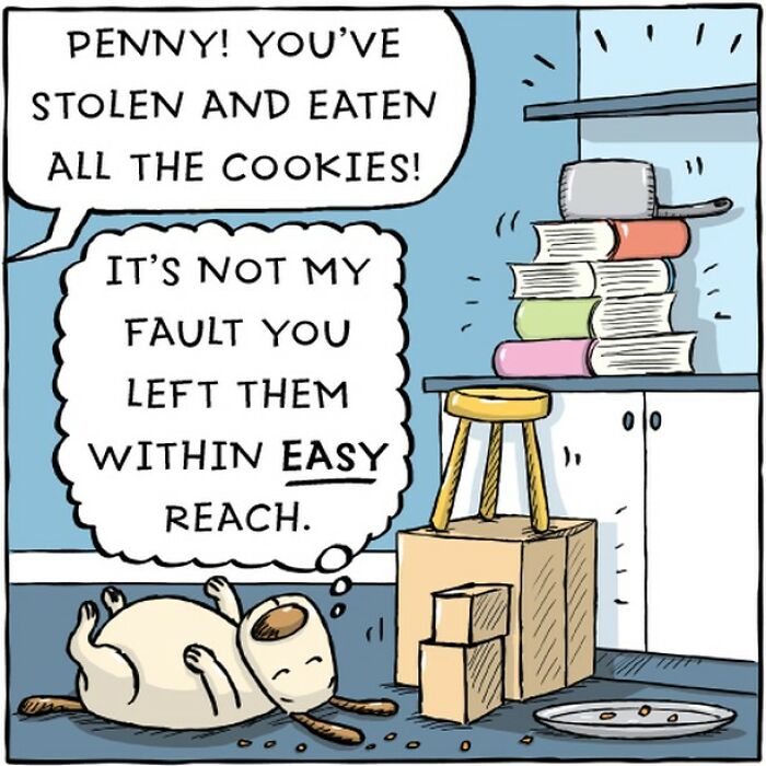 Comic of a dog lying happily after eating cookies, showing a humorous take on a dog's life.