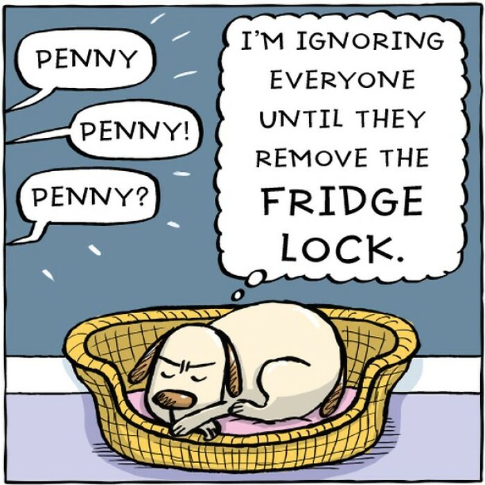 Dog in a basket ignoring calls, with thought bubble about fridge lock, capturing a dog's life in a comic.
