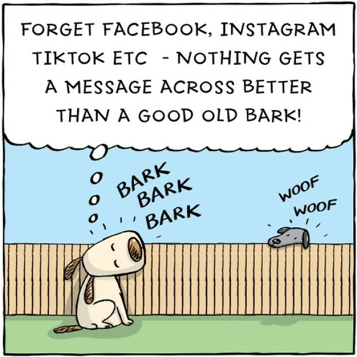 Cartoon showing a dog barking, humorously capturing a dog's life with a fence and another dog responding.