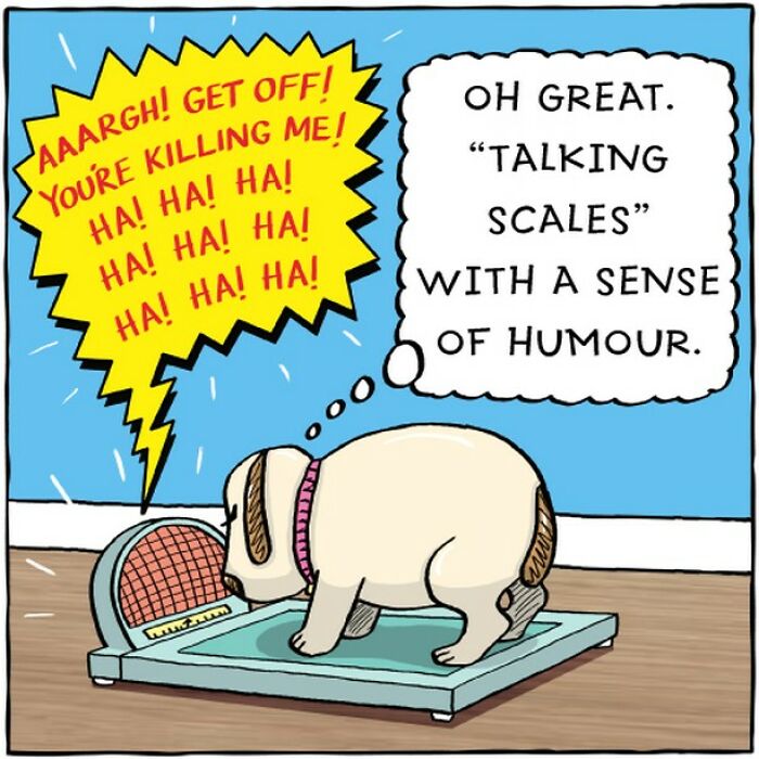 Dog standing on a scale, with text bubble joking about the scale's humor, capturing a dog's life in a comic.