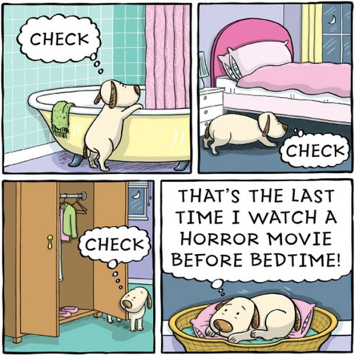 Comic of a dog checking the bathtub, bed, and closet, humorously capturing a dog's life experiences.