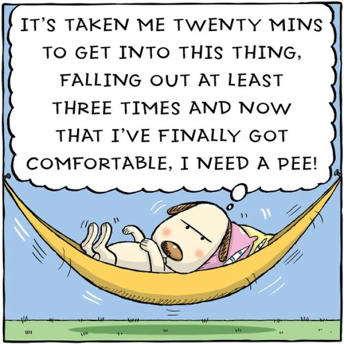 Adorable comic of a dog in a hammock, with humorous thoughts about getting comfortable and needing a pee.