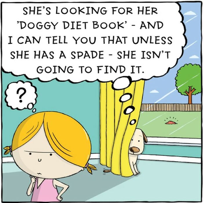Dog's life captured in a comic showing a girl searching for a "Doggy Diet Book" while a dog hints it's buried outside.