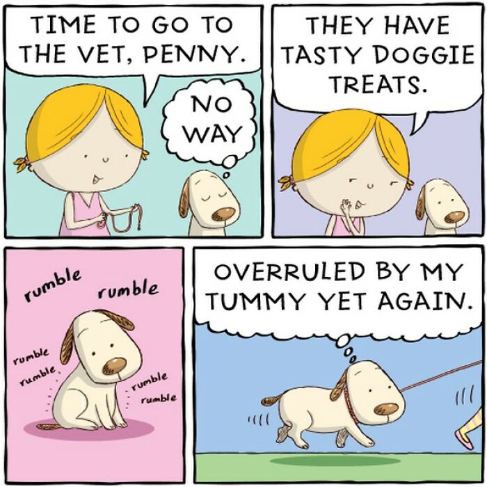 Comic illustrating a dog's life, showcasing a dog being persuaded to visit the vet with treats.
