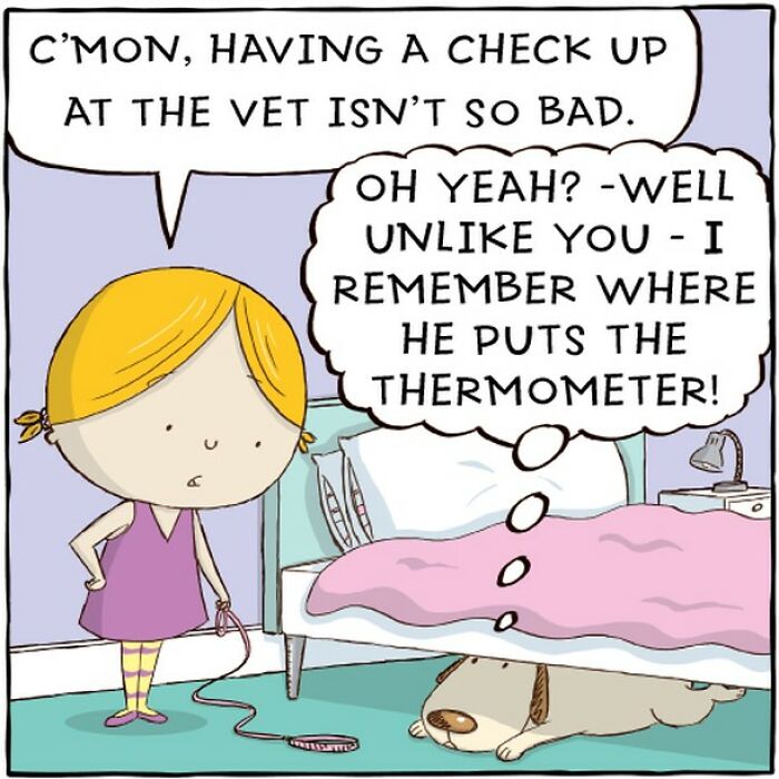 A comic showing a child talking to a dog about visiting the vet, capturing a dog's life humorously.