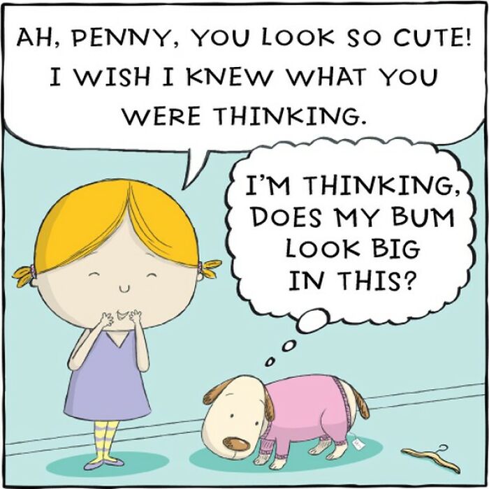 A comic depicting a dog in a sweater and a girl, illustrating a humorous moment capturing a dog's life.